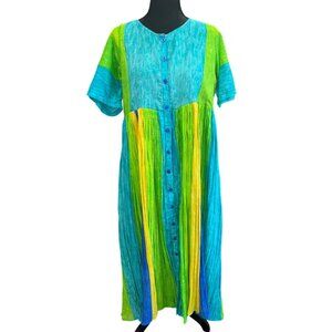 Colorful Naqui Button-Front Maxi Dress M 100% Cotton Boho Pleated Babydoll Artsy
